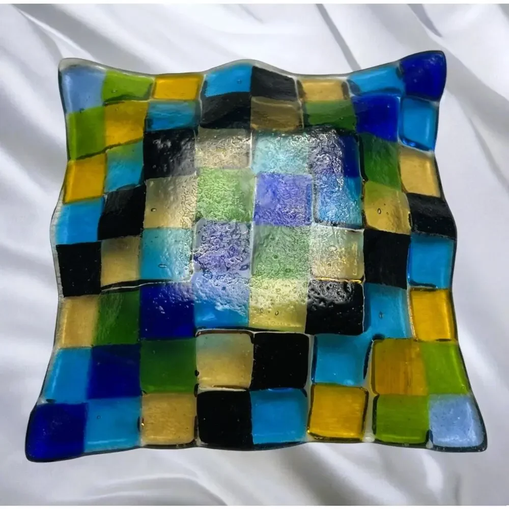 Vintage Italian Murano Art Fused Glass Geometric Design Trinket Dish